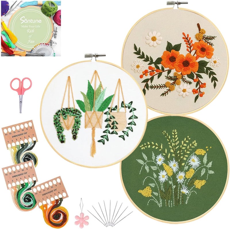 Santune 3 Sets Embroidery Kit for Beginners Needlepoint Cross Stitch Kits for Adults,Stitch Learning DIY Sets with Instruction Video,Stamped Floral Patterns,Hoop,Threads,Sewing Hobby - Image 1